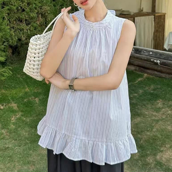 피어니스트 밑단프릴 세로 스트라이프 나시 블라우스