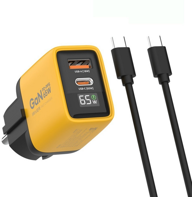 아이리버 65W USB A C타입 2포트 초고속 안전한 가정용 휴대폰 접지 충전기 + CtoC 케이블 세트, 옐로우, 1세트