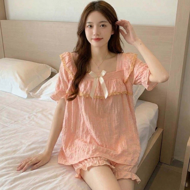 투이스타 여성용 브라캡 스퀘어넥 반팔 상의 + 반바지 잠옷 세트