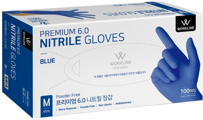 워크라인 프리미엄6.0 니트릴 장갑 100p, 블루, M, 1개