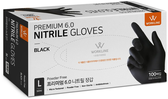 WORKLINE 優質6.0 丁腈手套 100入, 黑色, L, 1個