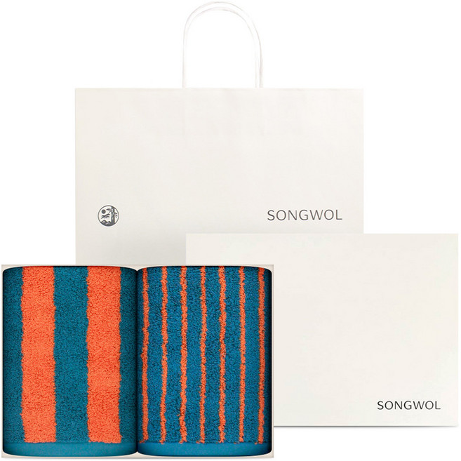 송월타올 컬러릭 스트라이프 180g 30수 코마사 슬림1p + 와이드1p 쇼핑백 선물세트, 스카이블루, 1개