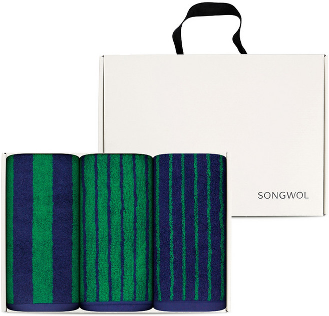 송월타올 컬러릭 스트라이프 180g 30수 코마사 슬림2p + 와이드1p 손잡이 박스 선물세트, 그린, 1개