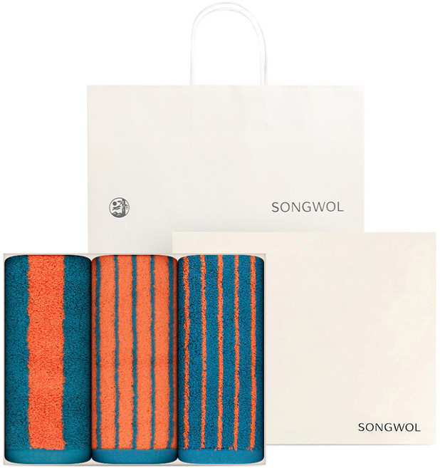 송월타올 컬러릭 스트라이프 180g 30수 코마사 슬림2p + 와이드1p 쇼핑백 선물세트, 스카이블루, 1개
