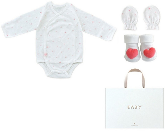 베이비앤아이 신생아용 하트 메쉬 배냇슈트 + 인형양말 + 손싸개 선물세트