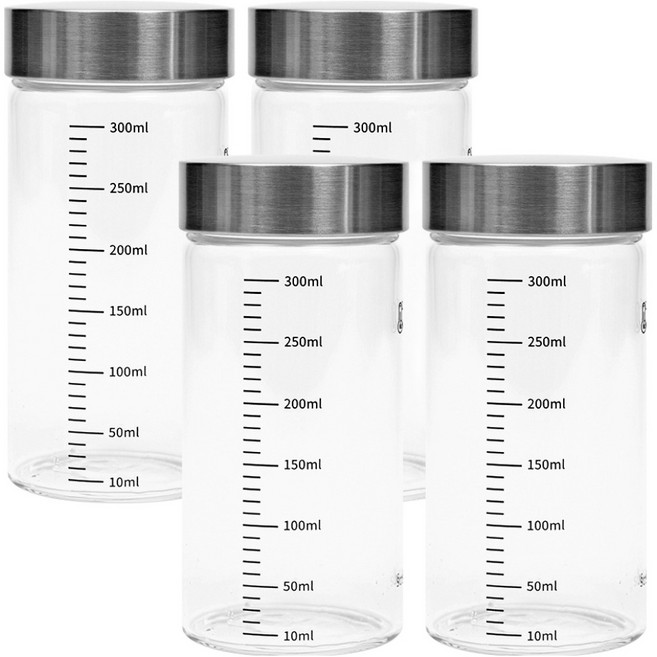 인블룸 304 눈금 스테인리스 유리 밀폐용기, 4개, 300ml