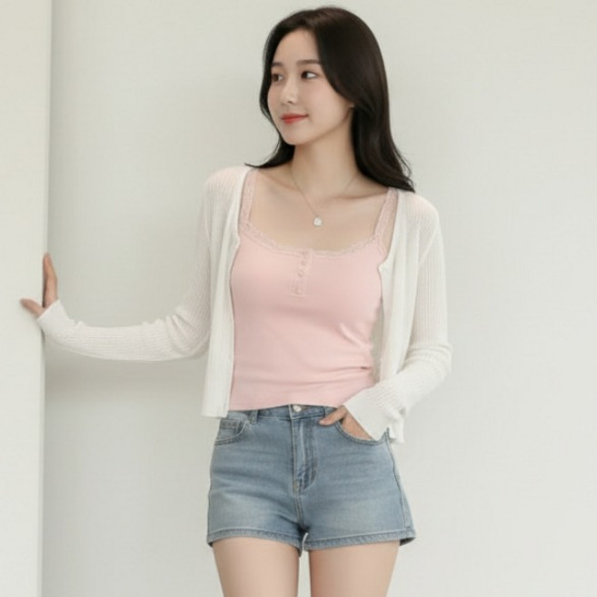 구디프 여성용 레이스 버튼 슬림핏 캐미솔 나시탑