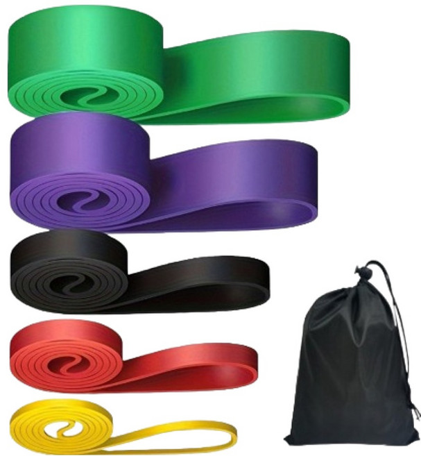 마라나타 5단계 저항 강도 턱걸이 보조 홈트 운동밴드 + 파우치 세트, 혼합색상(운동밴드), 블랙(파우치), 1세트