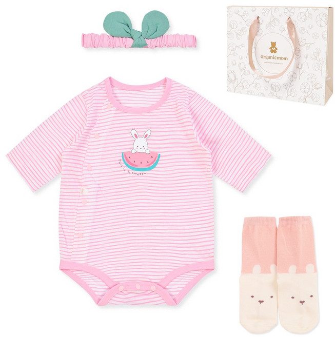 오가닉맘 신생아용 돌백일 토끼 7부 바디수트 + 헤어밴드 + 양말 선물 세트 + 목화 기프트 쇼핑백