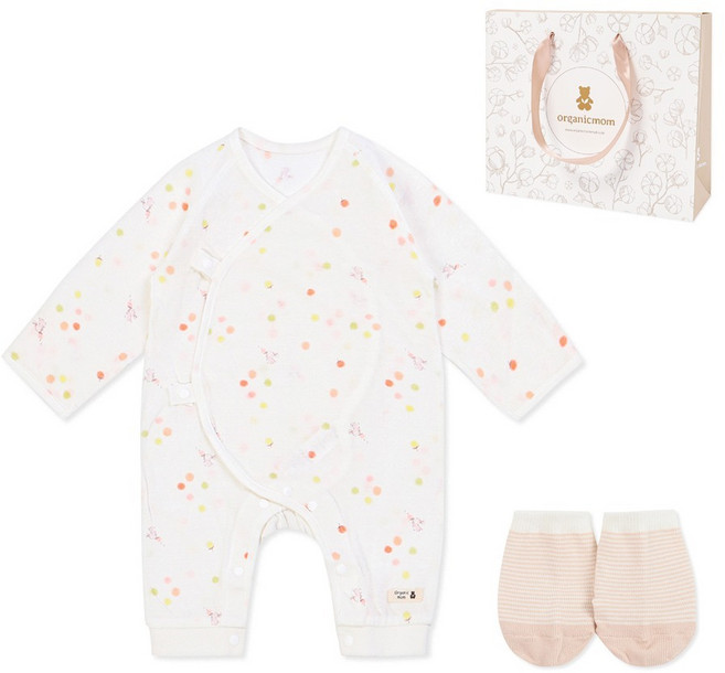 오가닉맘 출산 선물 얇은면 레브린배내가운 + 라인오가닉양말 선물세트 MJR7SC08_MHSNBW13 + 목화기프트백