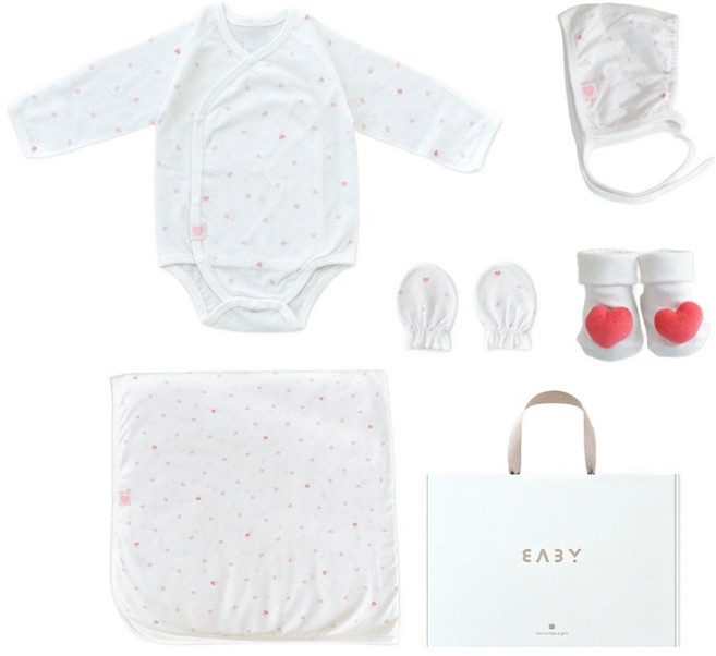 베이비앤아이 하트 메쉬 배냇슈트 + 속싸개 + 모자 + 손싸개 + 인형양말 선물세트 + 쇼핑백