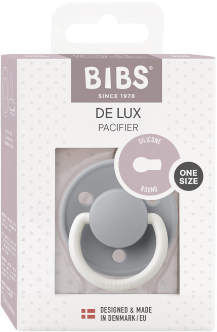 BIBS De Lux 圓形夜光安撫奶嘴 + 奶嘴蓋套組, 全齡款, 夜光雲灰 + 灰色, 1個