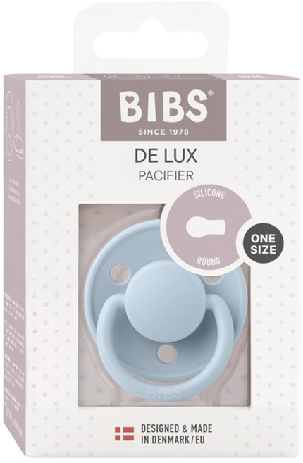 BIBS De Lux 圓形安撫奶嘴 + 奶嘴蓋套組, 全齡款, 寶貝藍 + 香草, 1個