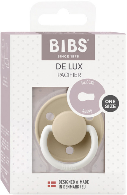 BIBS De Lux 圓形夜光安撫奶嘴 + 奶嘴蓋套組, 全齡款, 夜光香草 + 咖啡色, 1個