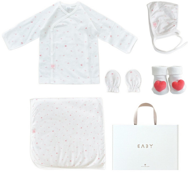 베이비앤아이 하트 메쉬 배냇저고리 + 속싸개 + 모자 + 손싸개 + 인형양말 선물세트 + 쇼핑백