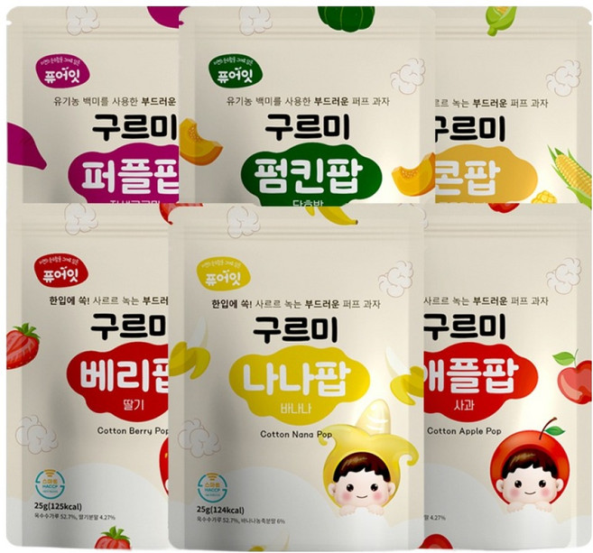 퓨어잇 구르미팝 6종 세트, 1세트, 사과, 딸기, 바나나, 구운옥수수, 자색고구마, 단호박
