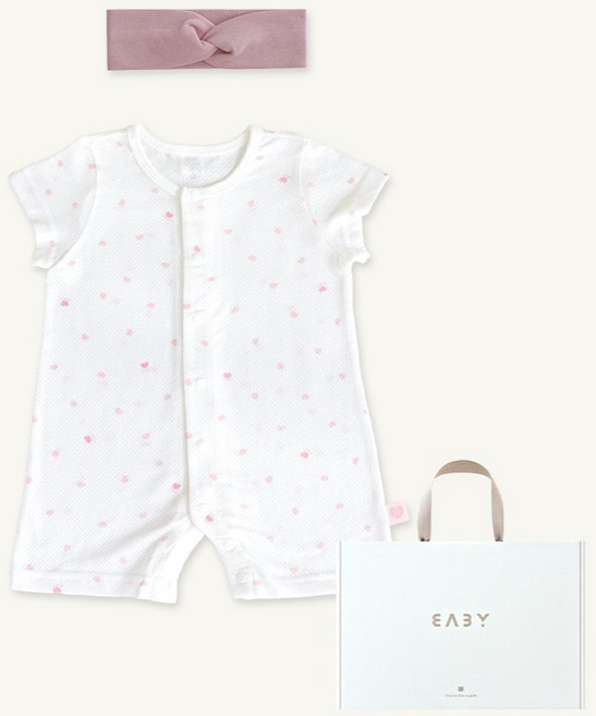 베이비앤아이 신생아용 하트 메쉬 반팔 슈트 + 골지 꼬임 헤어밴드 세트