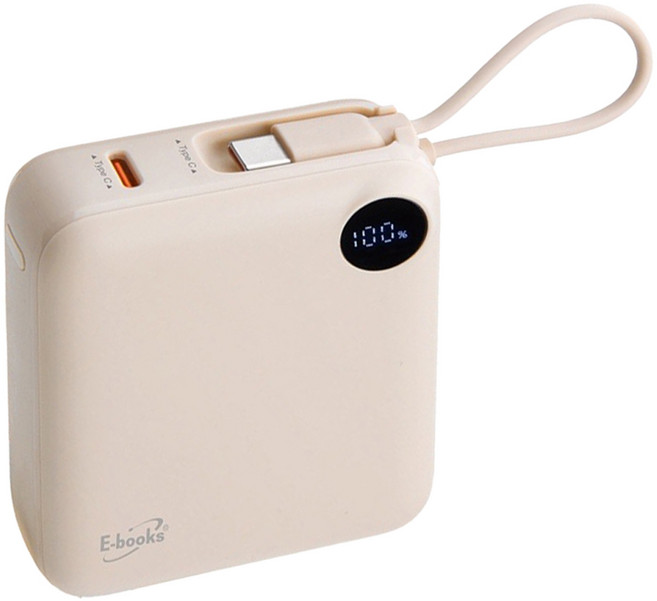 E-books B129 數顯自帶線雙向快充行動電源 台灣製 10000mAh Type-C, 米色, MD-BP-081