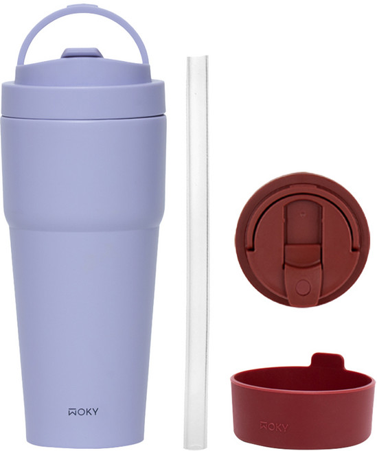 WOKY 沃廚 台灣公司貨 雙層陶瓷渾圓杯組 杯 + 吸管 + 蓋 + 底墊, 初露芋紫, 1套, 750ml