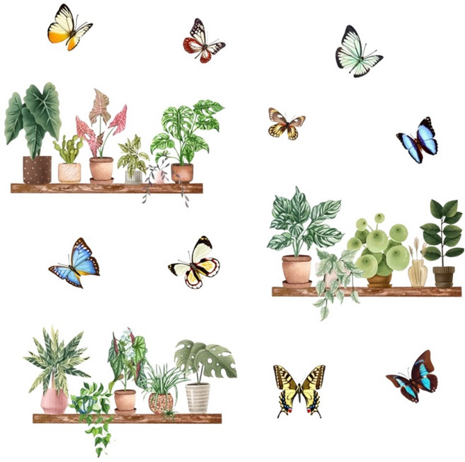 LANO 인테리어 벽 스티커 3종 세트, 트로피컬 화분 선반