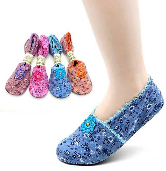 크로바요술버선 여성용 피어리 코튼 꽃무늬 할머니 패션 덧신 4켤레 세트