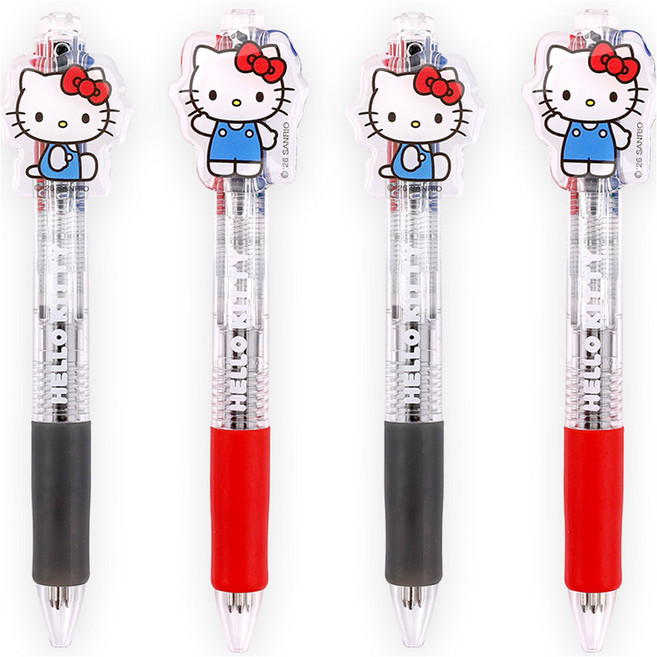 산리오 헬로키티 아크릴 장식 참 4색 볼펜 2종 x 2p 세트 0.7mm, 레드, 블랙, 1세트