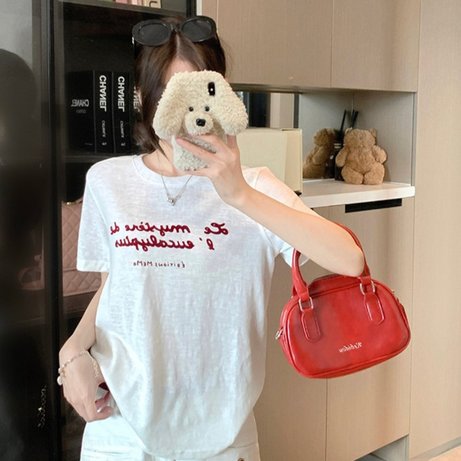 어썸풀 여성용 러이시리 레터링 포인트 하트 자수 티셔츠 A26SMT031610