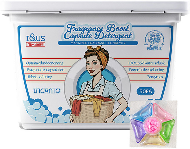 아이앤어스 프리미엄 초고농축 향기 부스터 올인원 실내건조 일반 드럼 전용 캡슐 세탁 세제, 1개, 50개입
