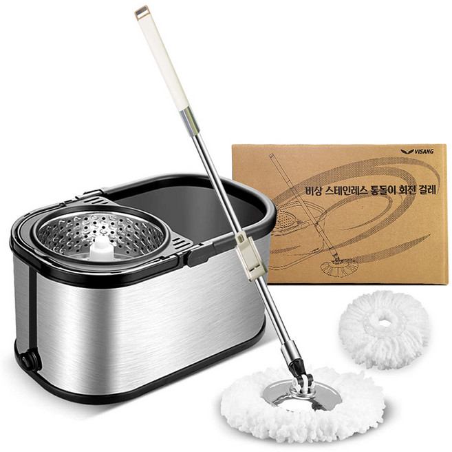비상 스테인리스 회전 통돌이 + 바닥청소 물걸레밀대 + 리필걸레 세트, 1세트