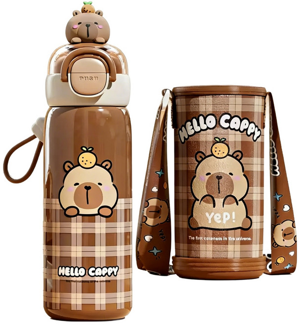 CRUHRE 카피바라 텀블러 + 물병 가방 세트, 1세트, 520ml, 브라운