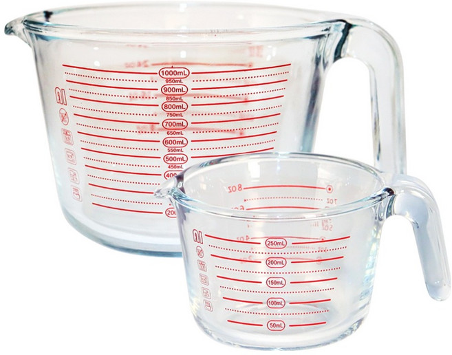 발룬피니 내열강화유리 다용도 계량컵 250ml + 1L 세트, 투명, 1세트