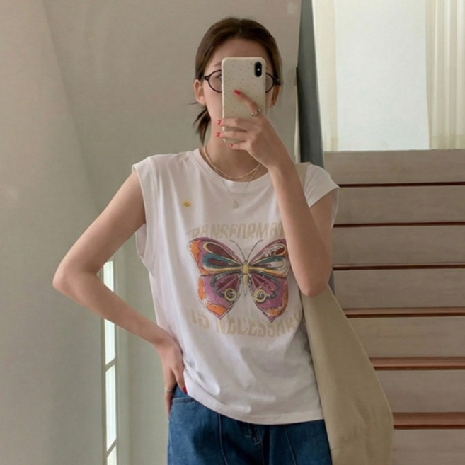 어썸풀 여성용 라샤테니 나비 그래픽 캡소매 티셔츠 A26SMT032006