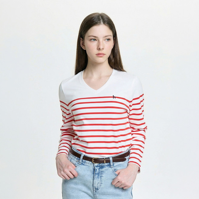 헤지스 여성용 브이넥 스트라이프 긴팔 티셔츠