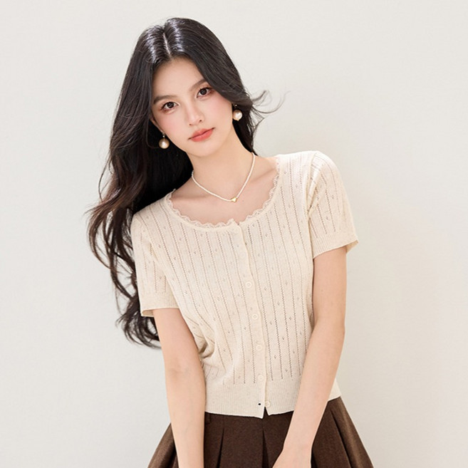 어썸풀 여성용 시히디더 레이스 배색 펀칭 반팔 가디건 A26SMC031905