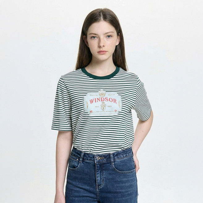 헤지스 여성용 루즈핏 스트라이프 그래픽 반팔 티셔츠