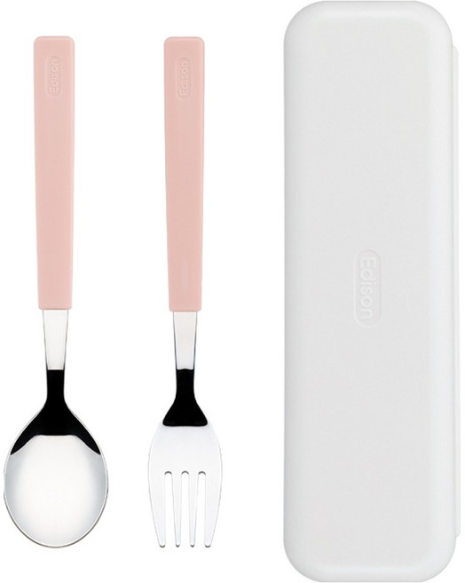 에디슨 2단계 스텐 스푼 + 포크 + 케이스 세트, 1세트, 핑크