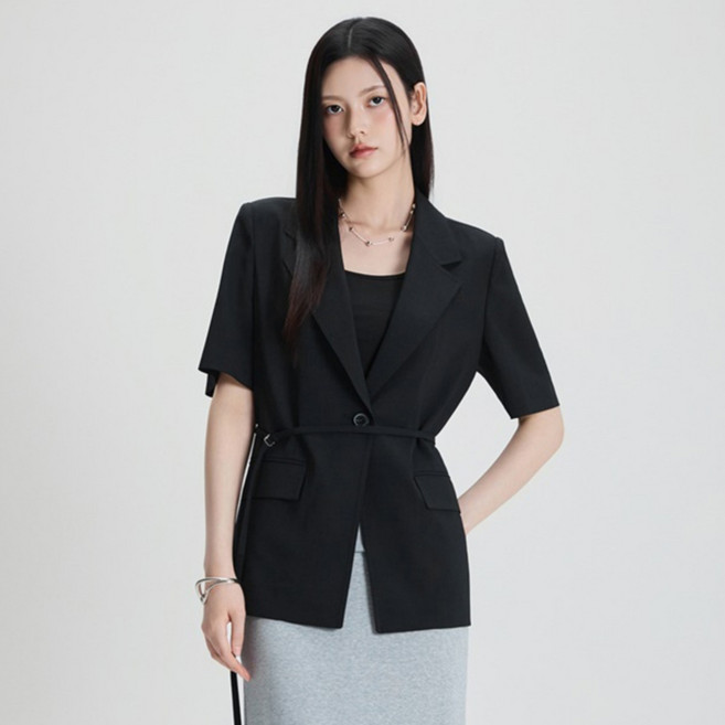 MIXXO 女款西裝領附腰帶短袖外套