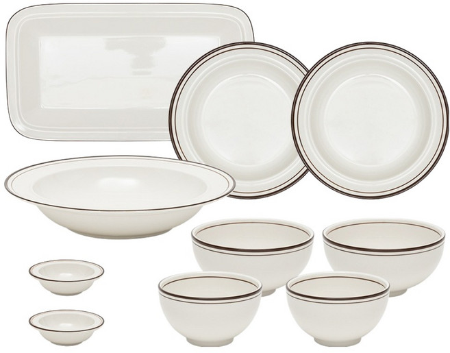 윤도자기 코지 2인 그릇 세트, 1세트, 공기 2p + 대접 2p + 소스볼 2p + 원형접시 소 2p + 파스타볼 + 직사각 접시, 브라운