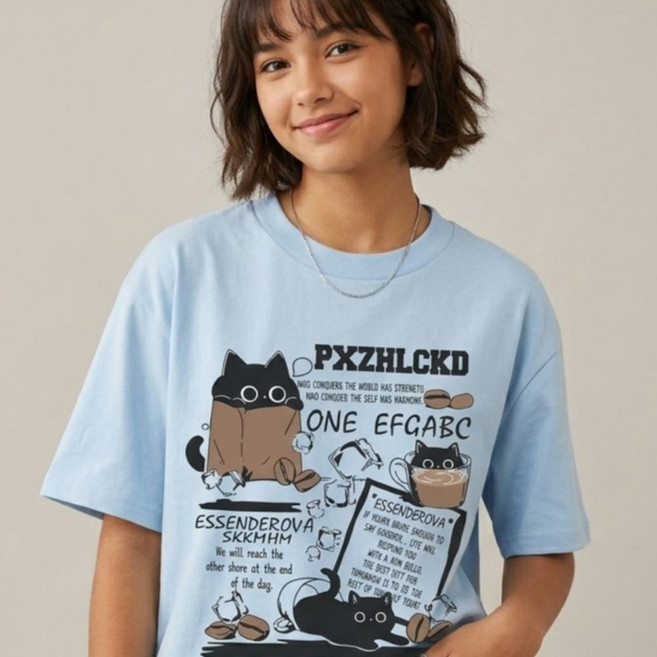 I CAN SIMPLE 女款咖啡廳風格貓咪印花寬鬆版短袖T恤