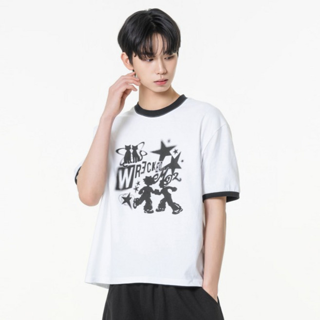 모즈모즈 남녀공용 위키드 그래픽 링거 티셔츠