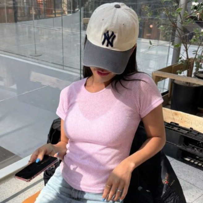 라라온 여성용 스판 슬림핏 크롭 골지 반팔 티셔츠 26TSP4006