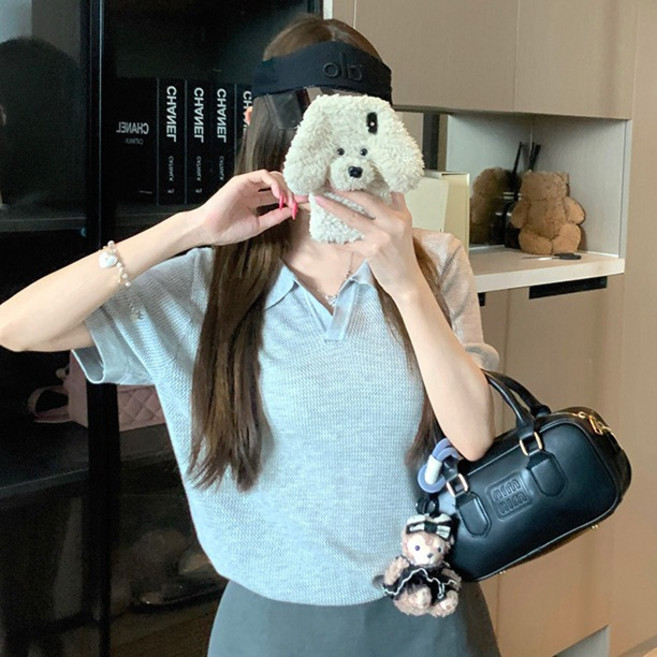 루나걸 여성용 티피베이 오픈카라 메쉬 반팔 니트 L26SMKN031607