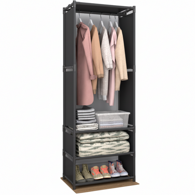 스마일깨비 미니멀한 H스타일 정리옷장 1행 60 x 36 x 170 cm, 블랙
