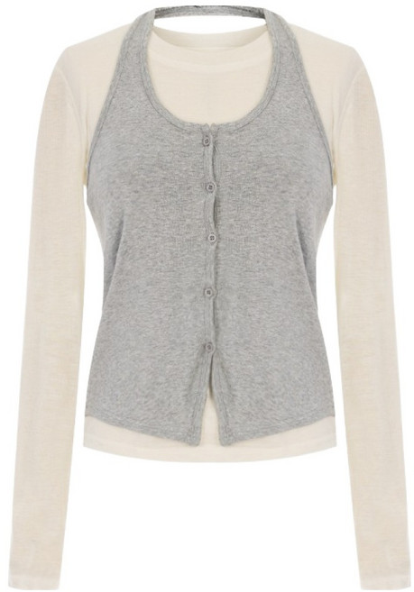 샐리 홀터넥 버튼 레이어드 티셔츠 I6A-CSE015