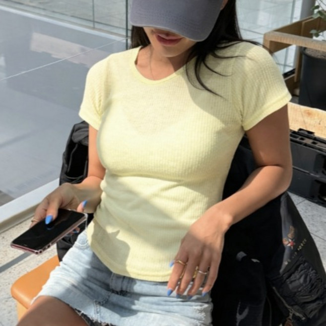 라라온 여성용 스판 슬림핏 크롭 골지 반팔 티셔츠 26TSP4006