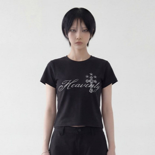 세인트페인 여성용 헤븐리 크로스 크롭 반팔티