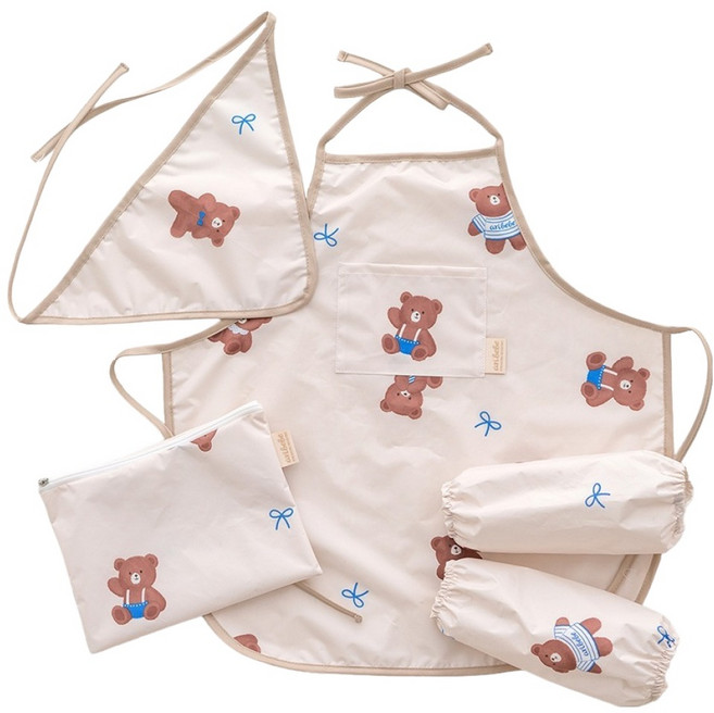 아리베베 어린이집 앞치마 + 두건 + 팔토시 + 파우치 세트, 모카베어