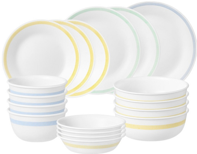 코렐 미니멀체크 원형 4인 식기세트 18p, 화이트, 1세트, 식기 18p