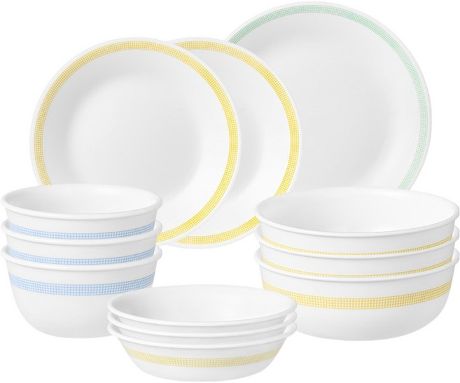 코렐 미니멀체크 원형 3인 식기세트 12p, 화이트, 1세트, 식기 12p