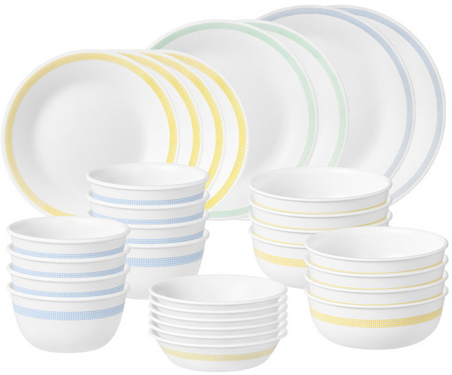 코렐 미니멀체크 원형 8인 식기세트 30p, 화이트, 1세트, 식기 30p